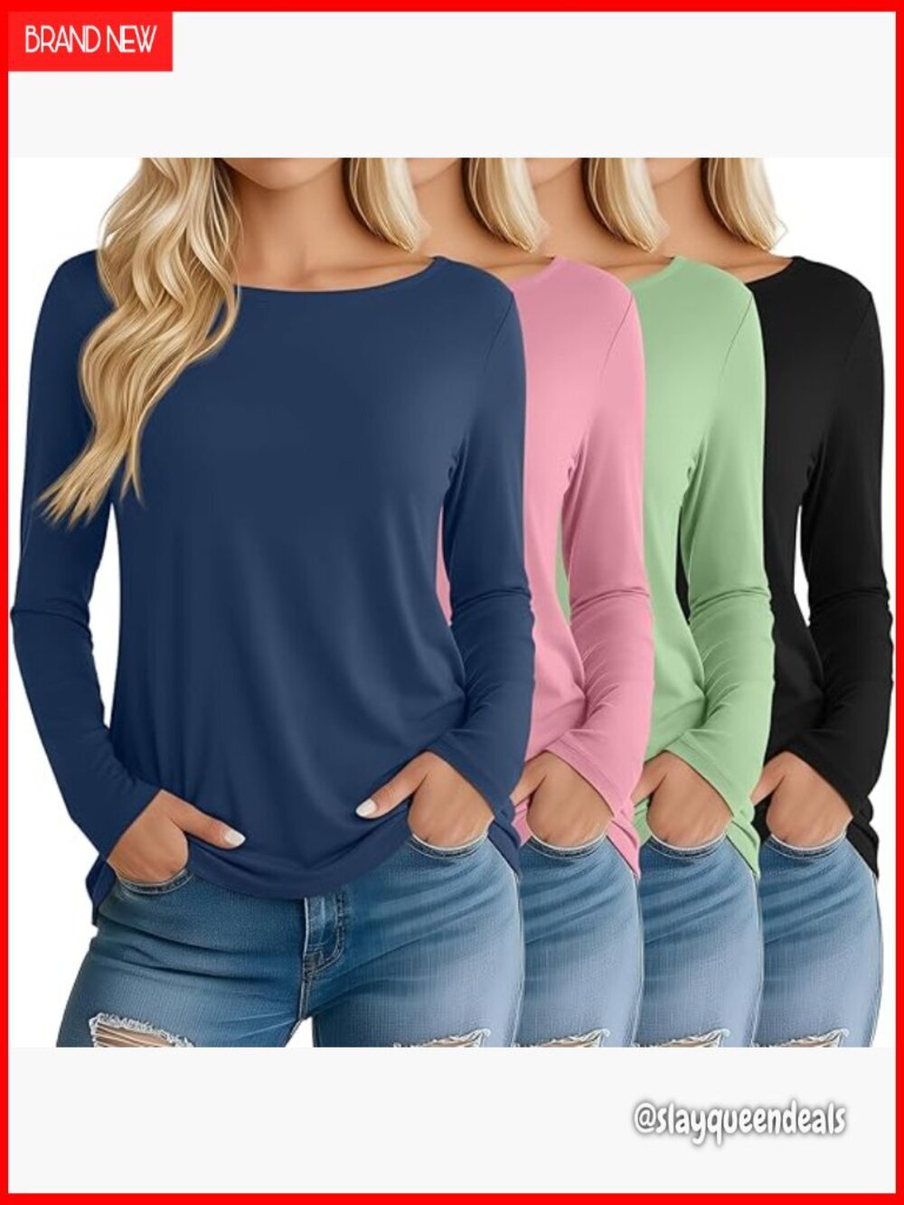 4 Pack Long Sleeve Boat Neck Tunic Tops, Loose Fit Basic Layer Tees